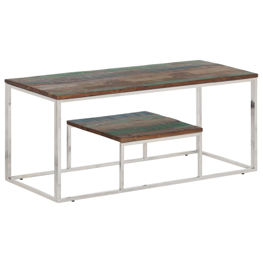 Table basse argenté acier inoxydable/bois massif récupération - XIOS