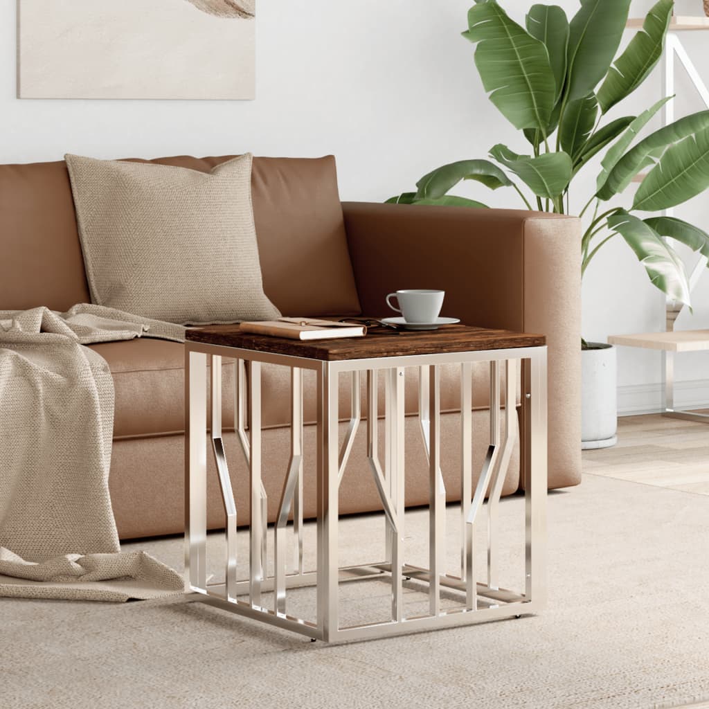 Table basse argenté acier inoxydable/bois massif récupération - XIOS