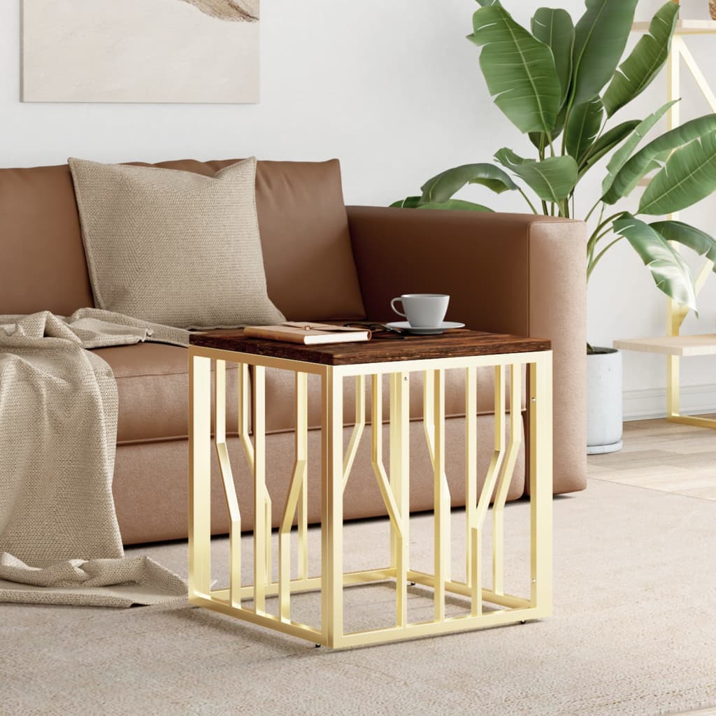 Table basse doré acier inoxydable et bois massif récupération - XIOS