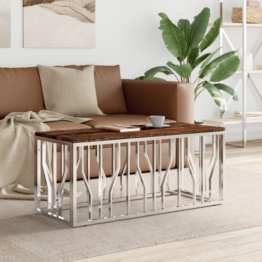 Table basse acier inoxydable et bois massif de récupération - XIOS