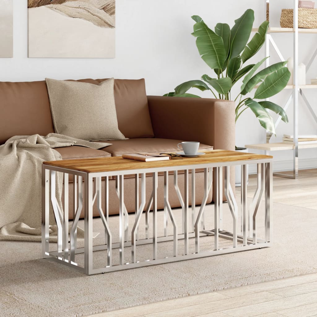 Table basse argenté acier inoxydable et bois massif d'acacia - XIOS