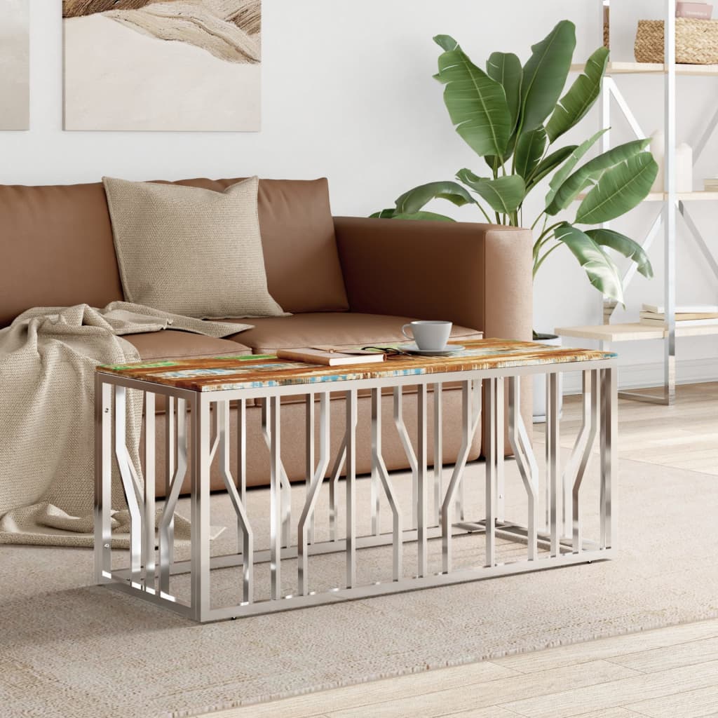 Table basse argenté acier inoxydable/bois massif récupération - XIOS
