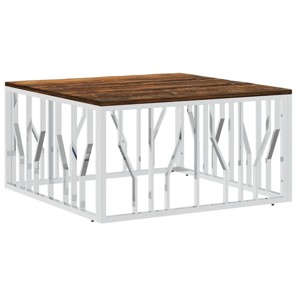 Table basse argenté acier inoxydable/bois massif récupération - XIOS