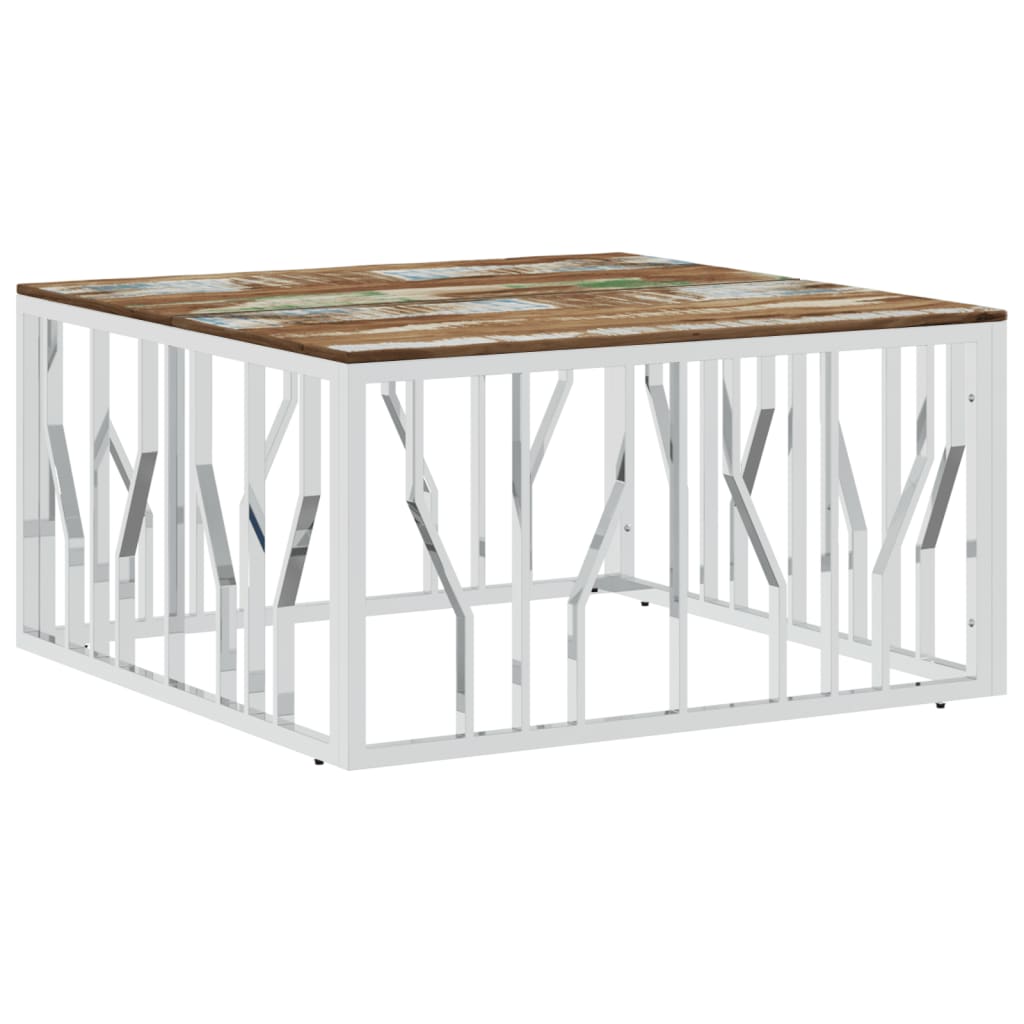Table basse argenté acier inoxydable/bois massif récupération - XIOS