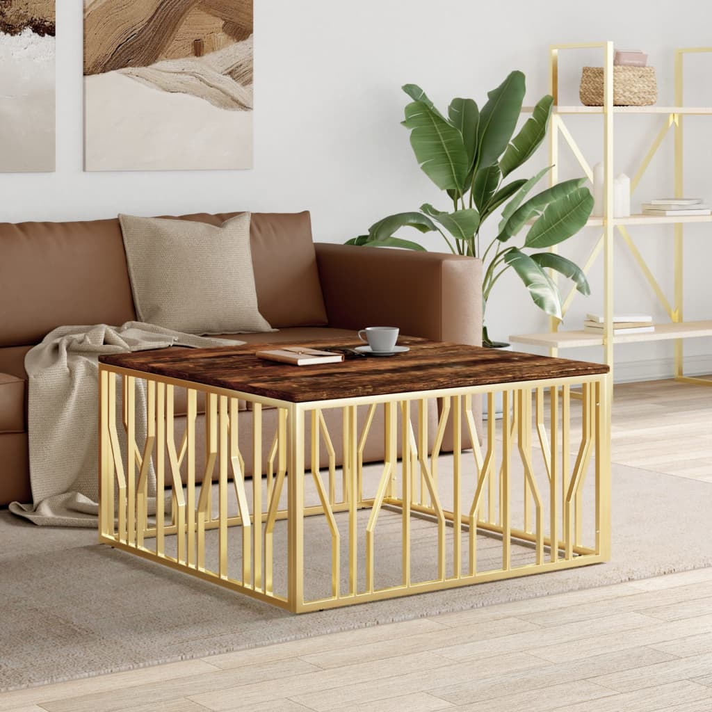 Table basse doré acier inoxydable et bois massif récupération - XIOS