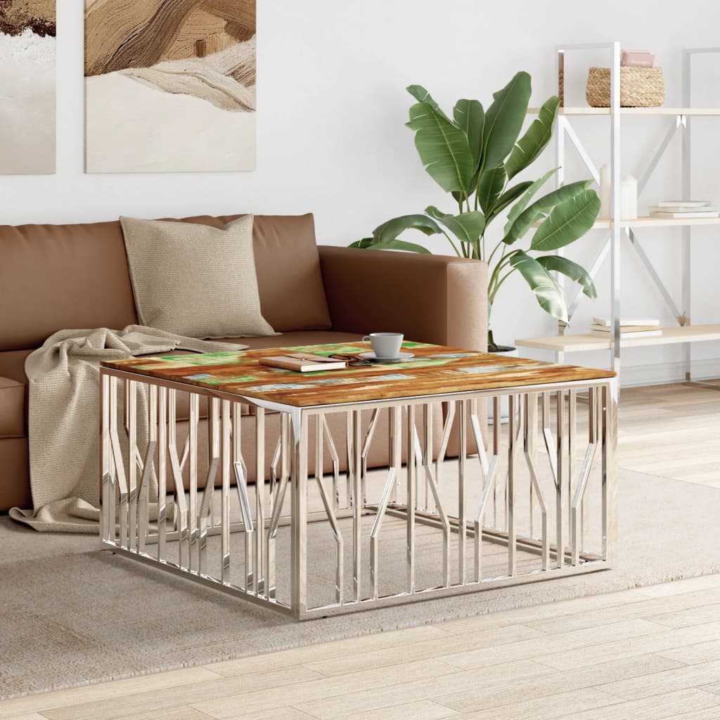 Table basse argenté acier inoxydable et bois massif d'acacia - XIOS
