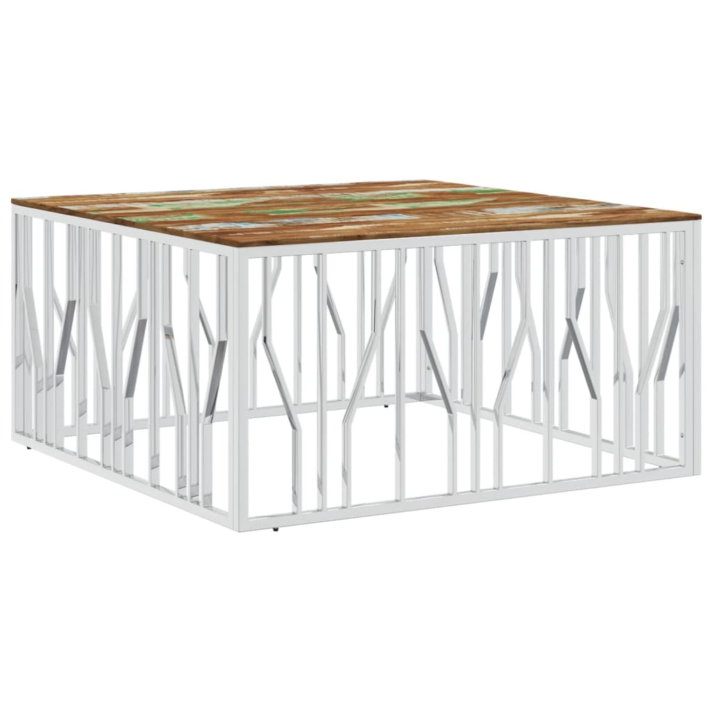 Table basse argenté acier inoxydable/bois massif récupération - XIOS