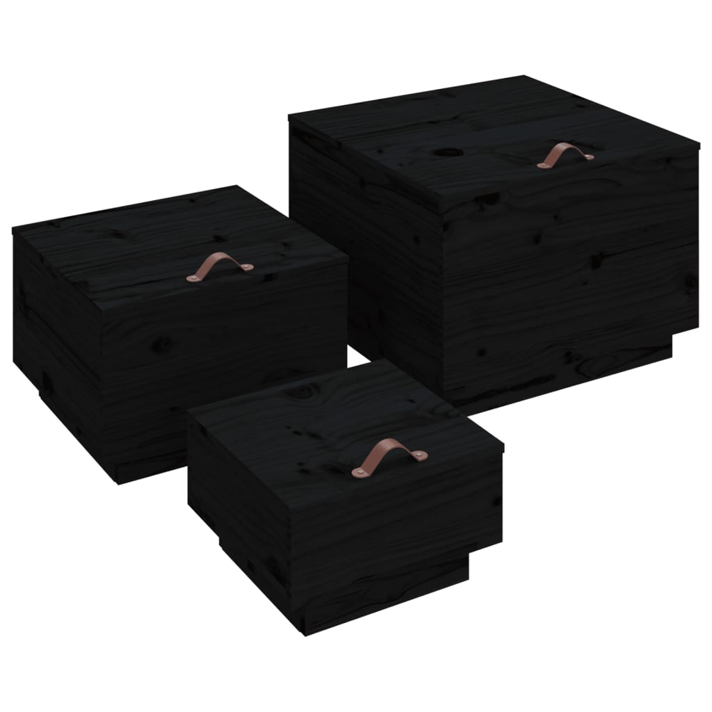 Boîtes de rangement et couvercles 3 pcs Noir Bois massif de pin - XIOS