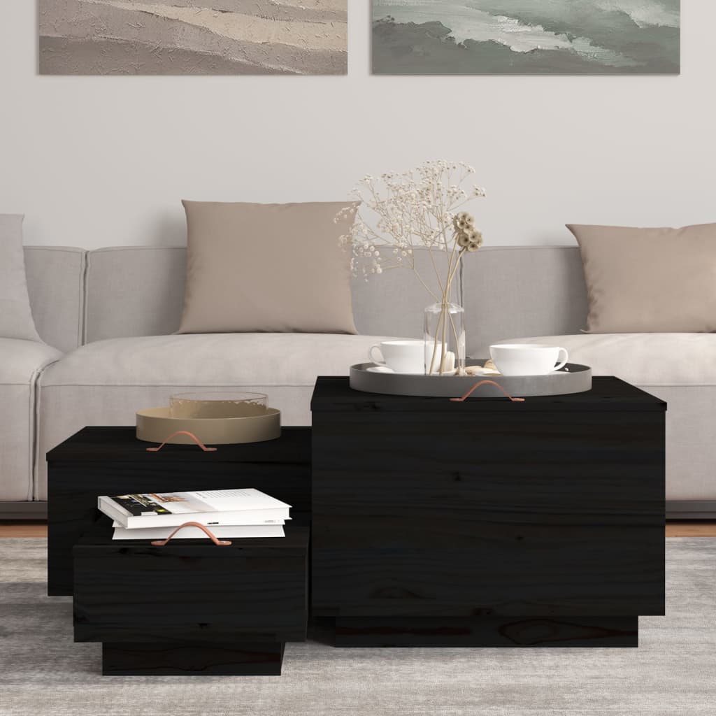 Boîtes de rangement et couvercles 3 pcs Noir Bois massif de pin - XIOS