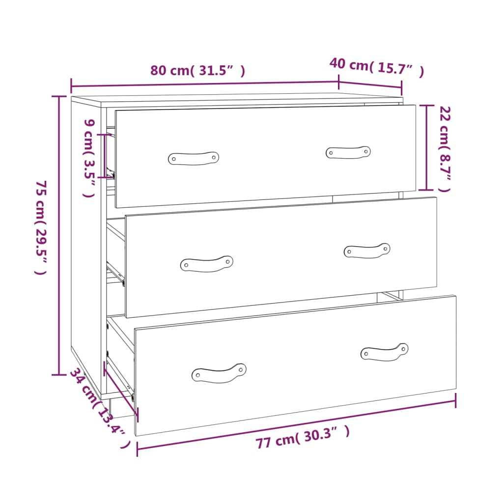 Buffet Noir 80x40x75 cm Bois massif de pin - XIOS