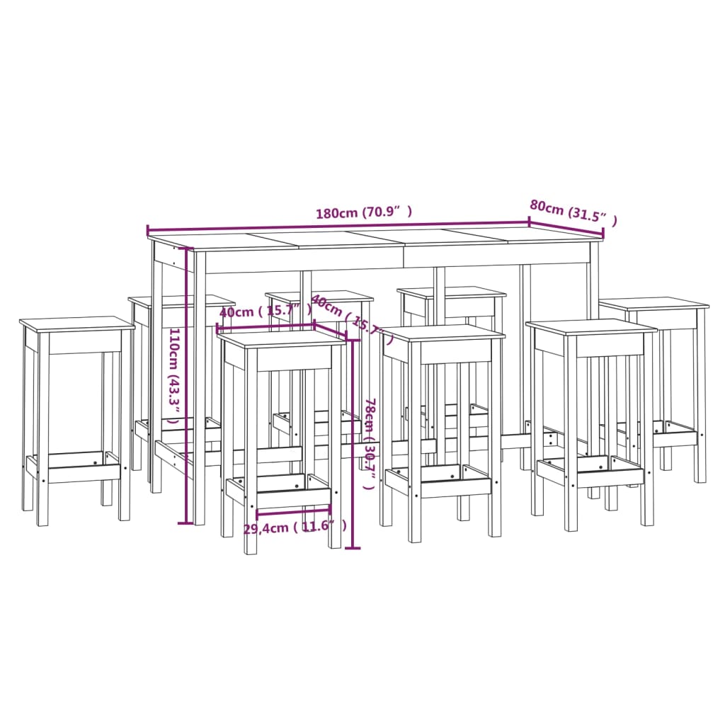 Ensemble de bar 9 pcs Blanc Bois de pin massif - XIOS