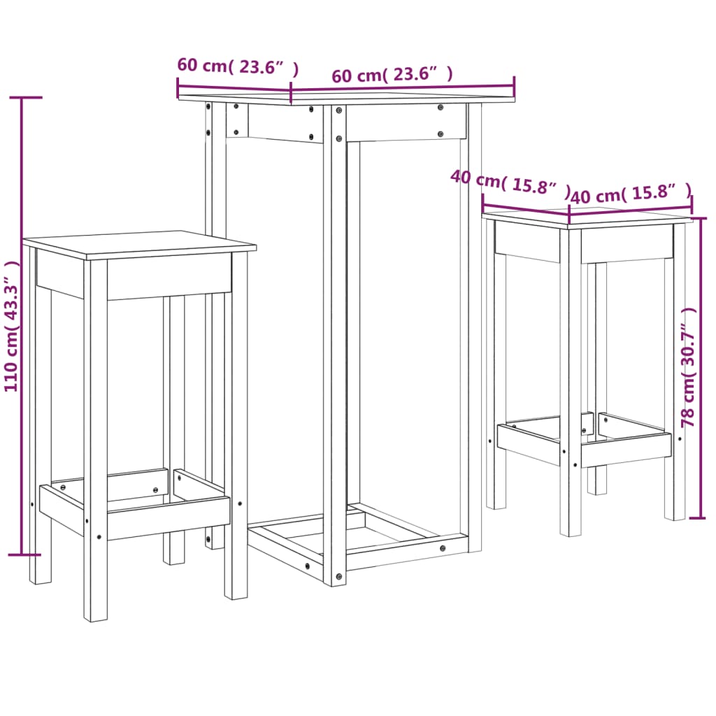 Ensemble de bar 3 pcs Blanc Bois de pin massif - XIOS