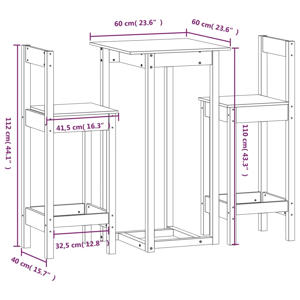 Ensemble de bar 3 pcs Blanc Bois de pin massif - XIOS