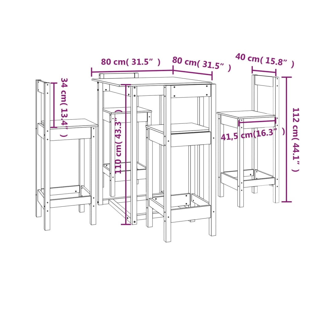 Ensemble de bar 5 pcs Bois de pin massif