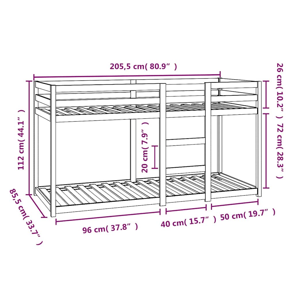 Lit superposé sans matelas 80x200 cm bois de pin massif - XIOS
