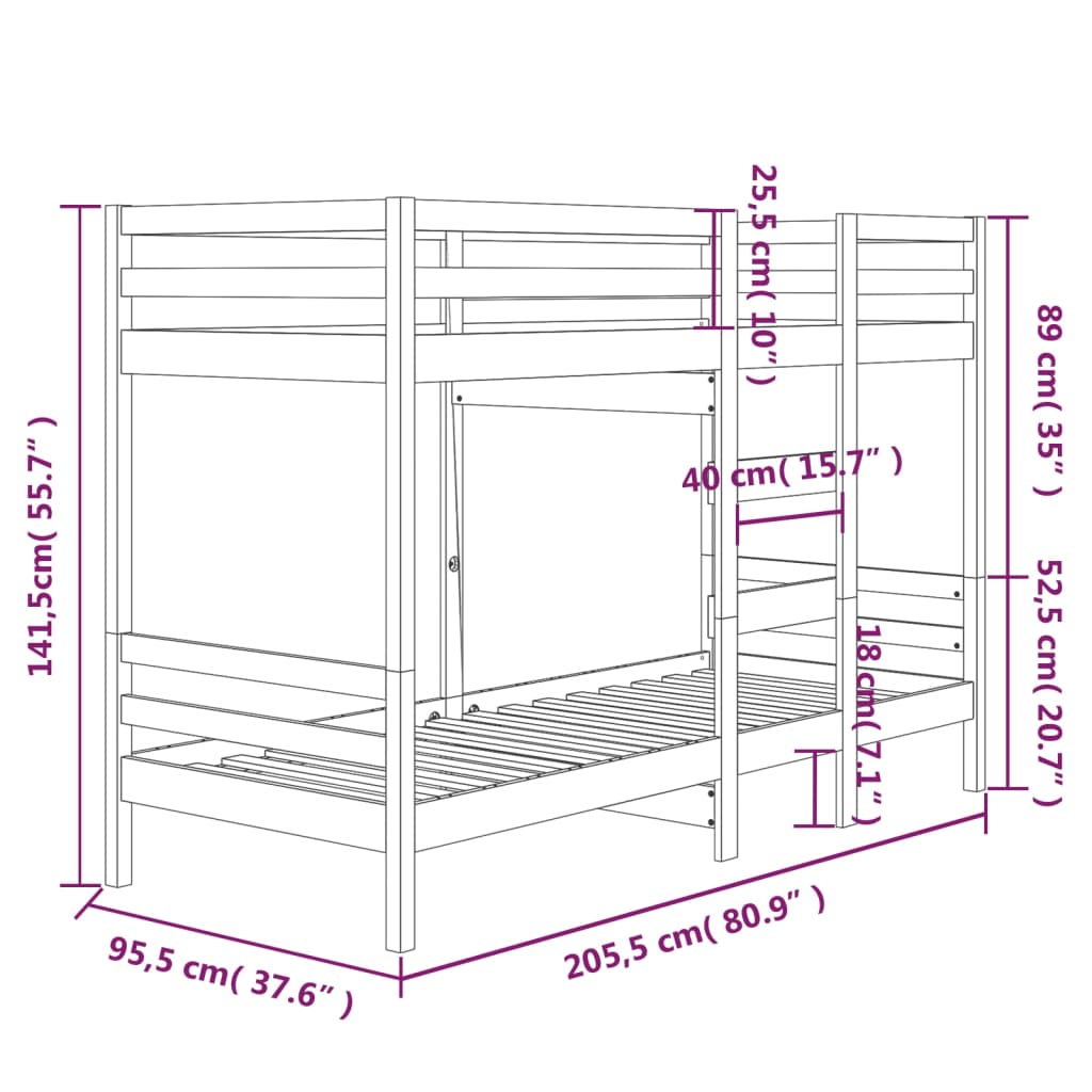 Lit superposé sans matelas blanc 90x200 cm bois de pin massif - XIOS