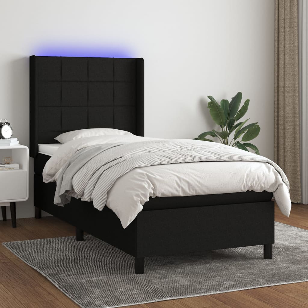 Sommier à lattes de lit matelas et LED Noir 90x200 cm Tissu - XIOS
