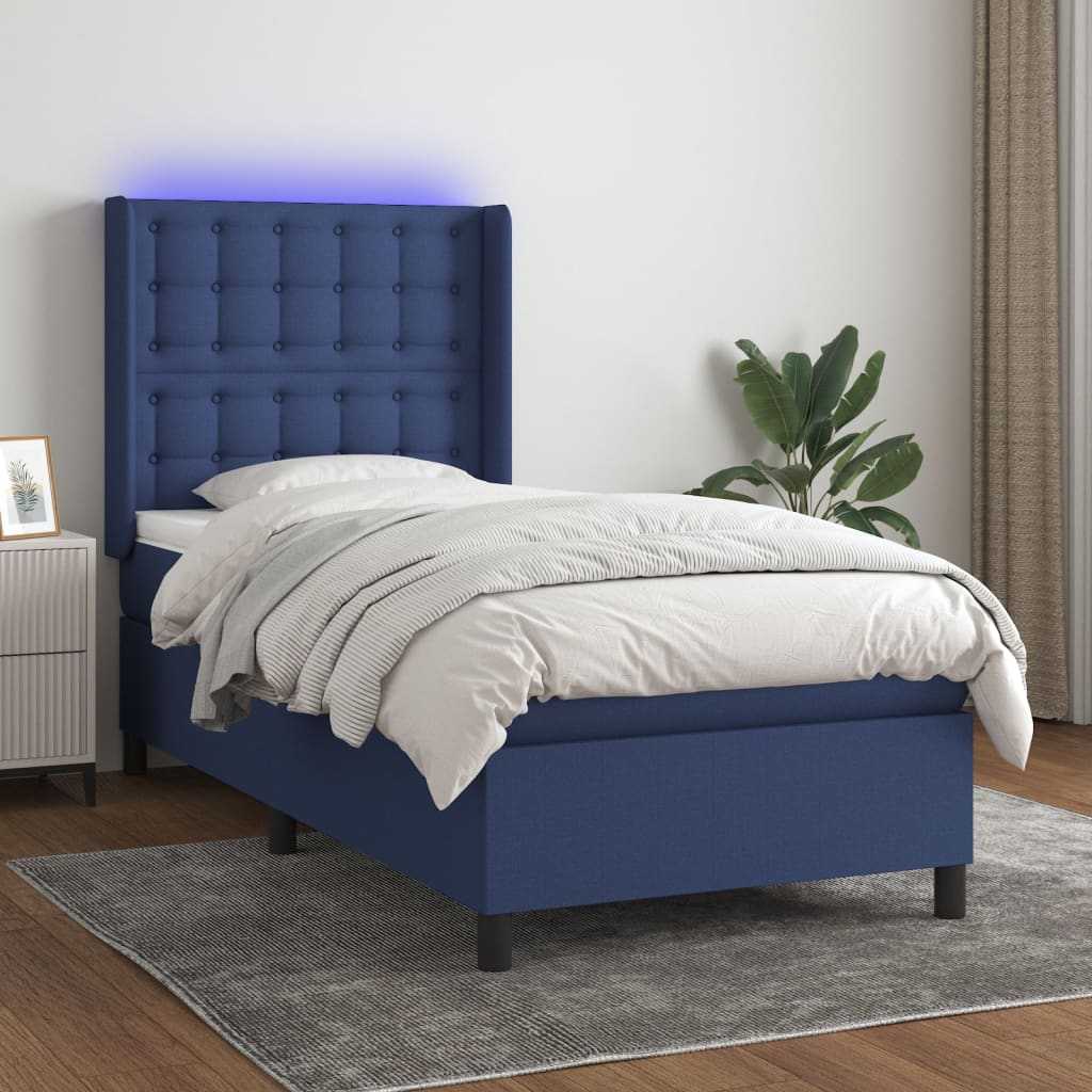 Sommier à lattes de lit matelas et LED Bleu 90x200 cm Tissu - XIOS