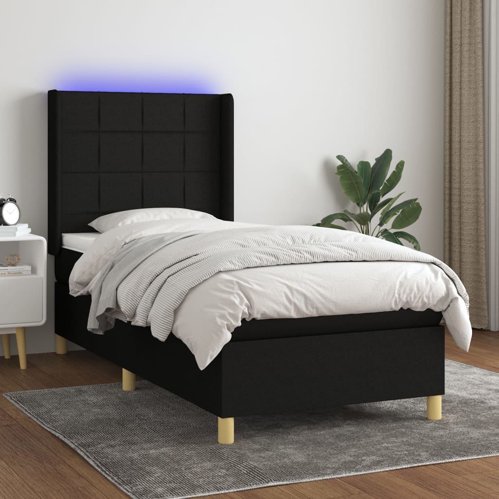 Sommier à lattes de lit matelas et LED Noir 90x200 cm Tissu - XIOS