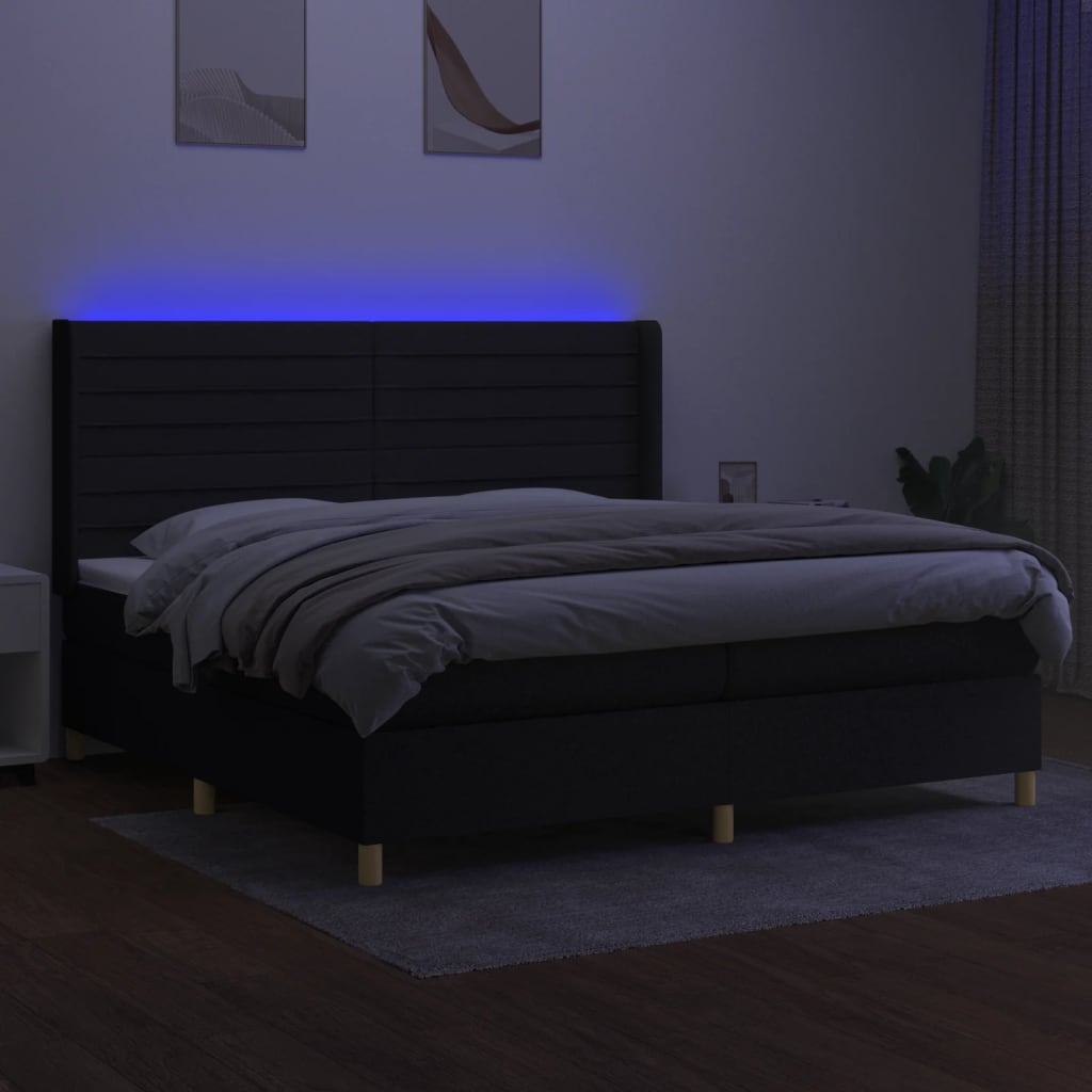 Sommier à lattes de lit et matelas et LED Noir 200x200 cm Tissu - XIOS