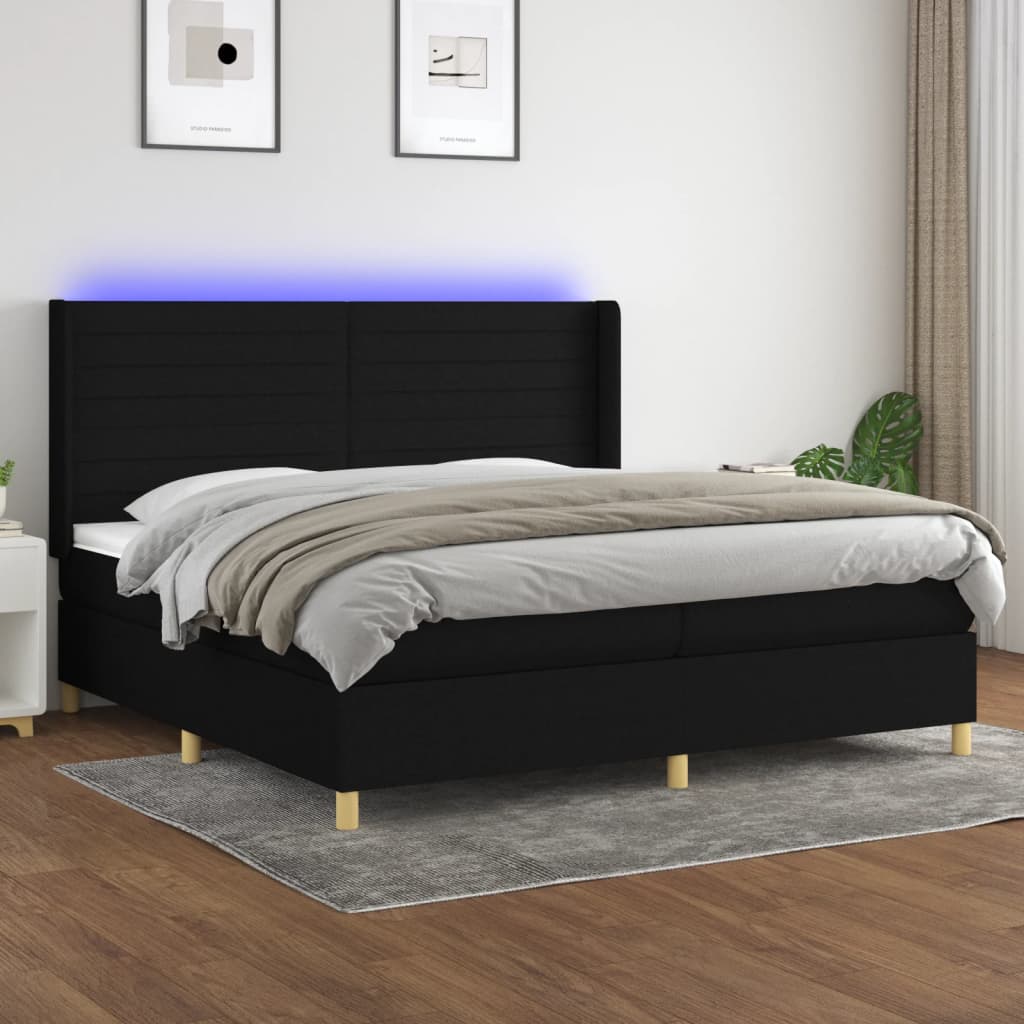 Sommier à lattes de lit et matelas et LED Noir 200x200 cm Tissu - XIOS