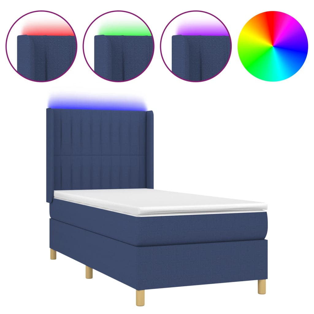 Sommier à lattes de lit matelas et LED Bleu 90x200 cm Tissu - XIOS