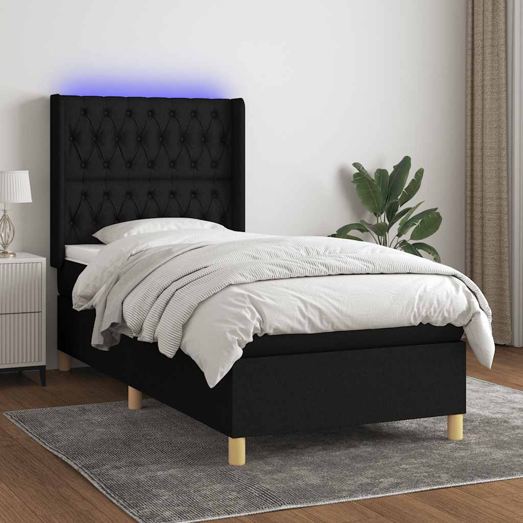 Sommier à lattes de lit matelas et LED Noir 90x200 cm Tissu - XIOS