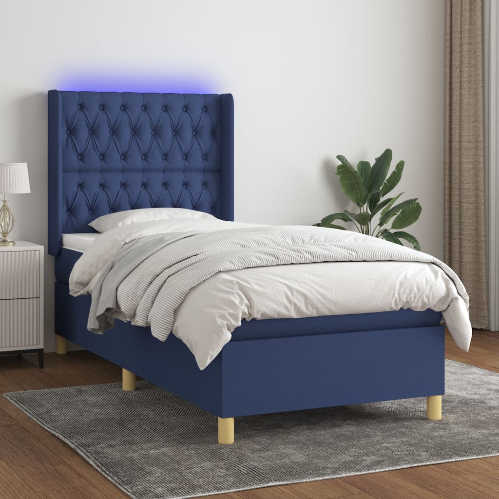 Sommier à lattes de lit matelas et LED Bleu 90x200 cm Tissu