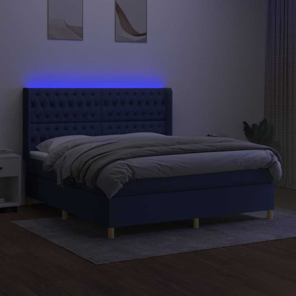 Sommier à lattes de lit matelas et LED Bleu 160x200 cm Tissu