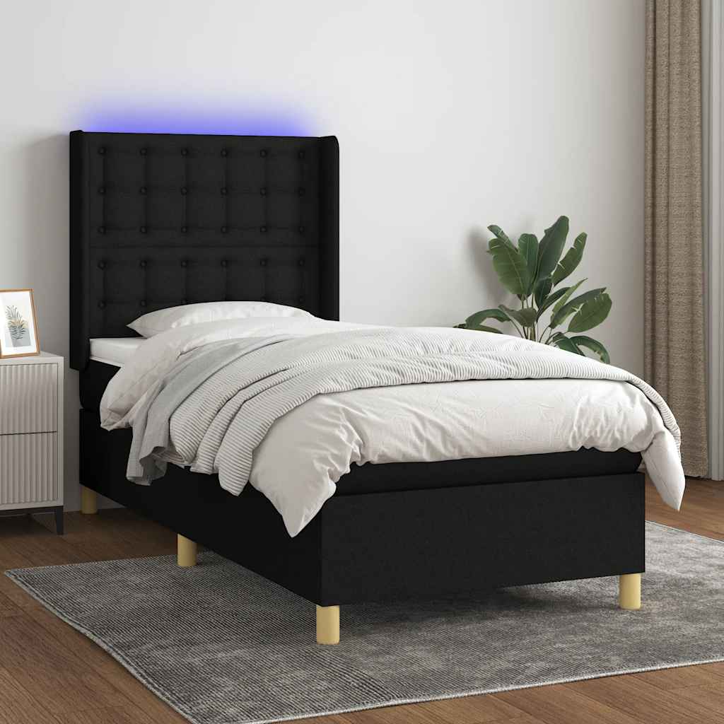 Sommier à lattes de lit matelas et LED Noir 90x190 cm Tissu - XIOS
