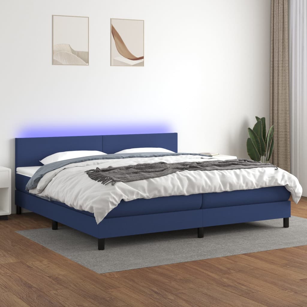 Sommier à lattes de lit et matelas et LED Bleu 200x200 cm Tissu - XIOS