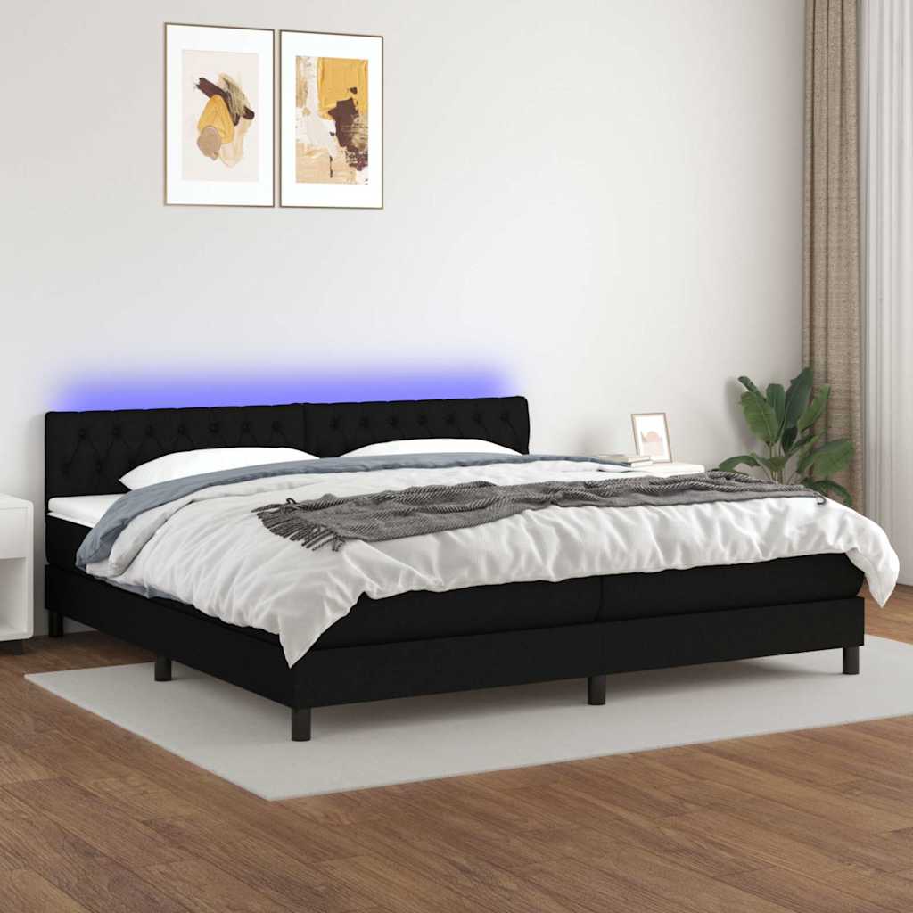 Sommier à lattes de lit et matelas et LED Noir 200x200 cm Tissu - XIOS