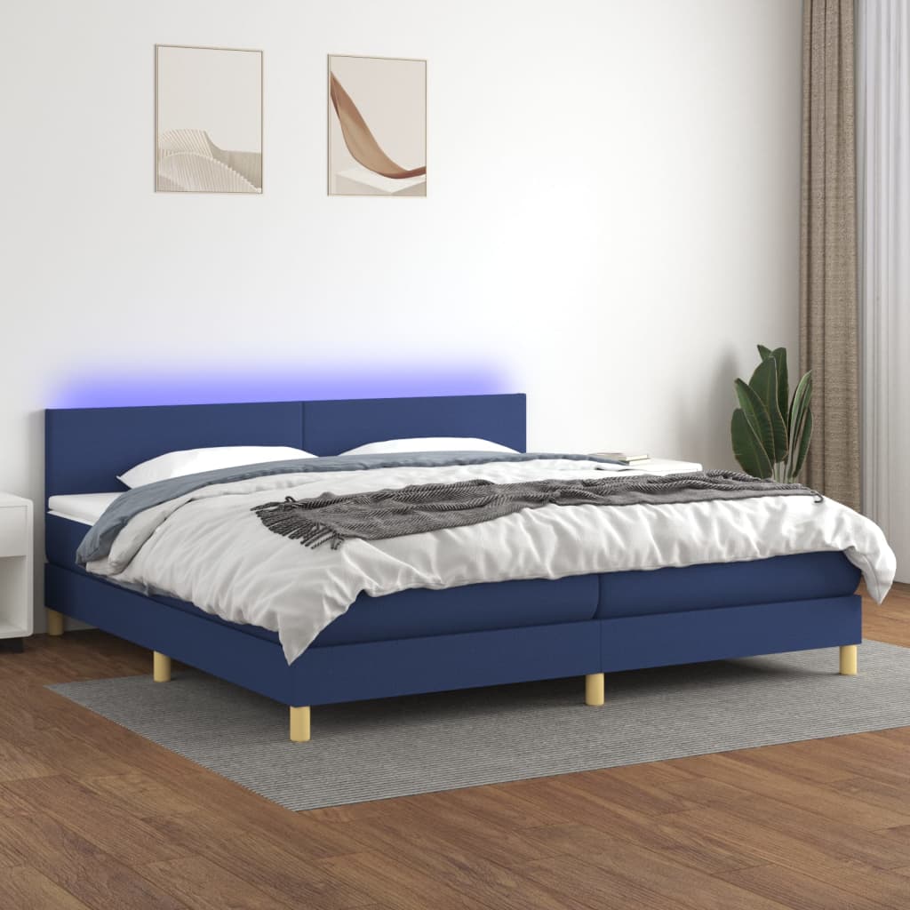 Sommier à lattes de lit et matelas et LED Bleu 200x200 cm Tissu - XIOS