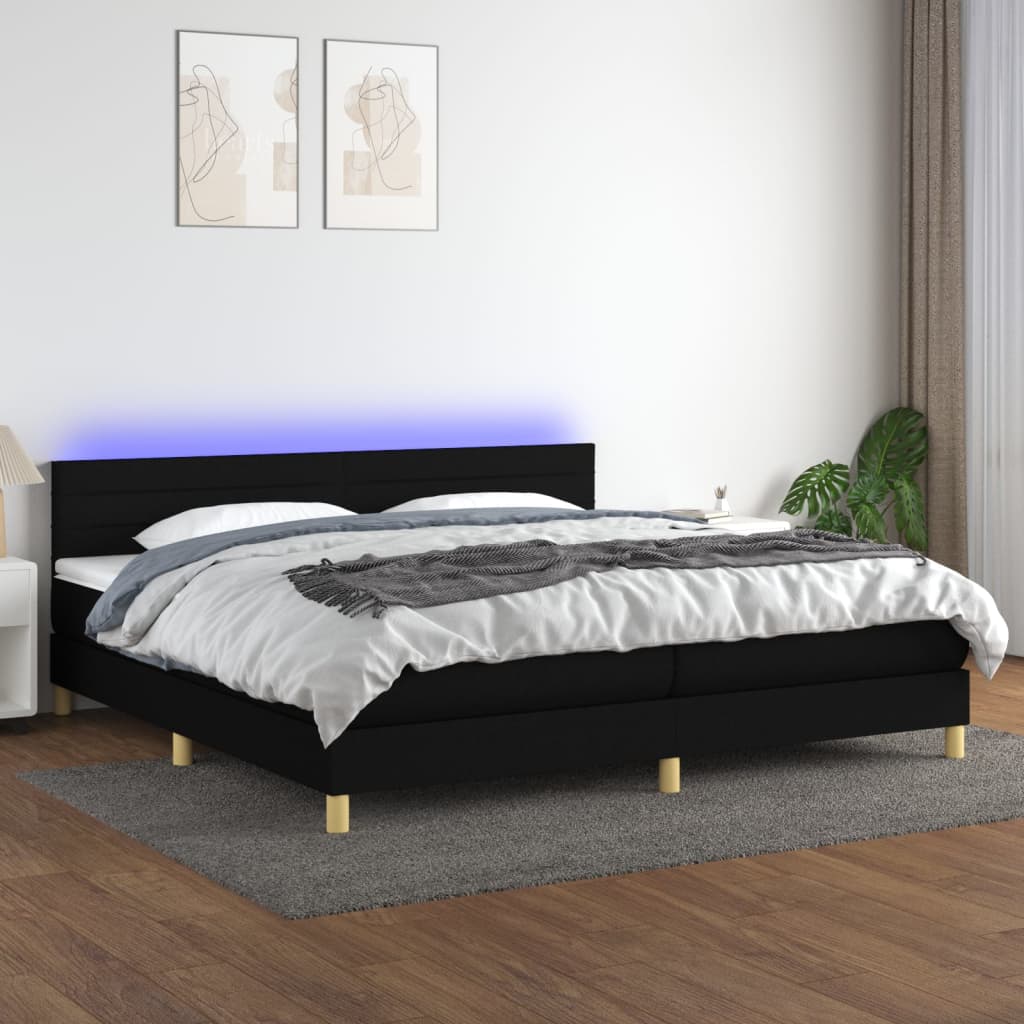 Sommier à lattes de lit et matelas et LED Noir 200x200 cm Tissu - XIOS