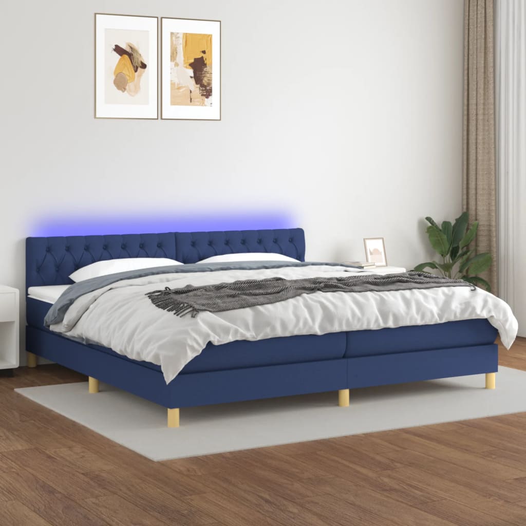 Sommier à lattes de lit et matelas et LED Bleu 200x200 cm Tissu - XIOS