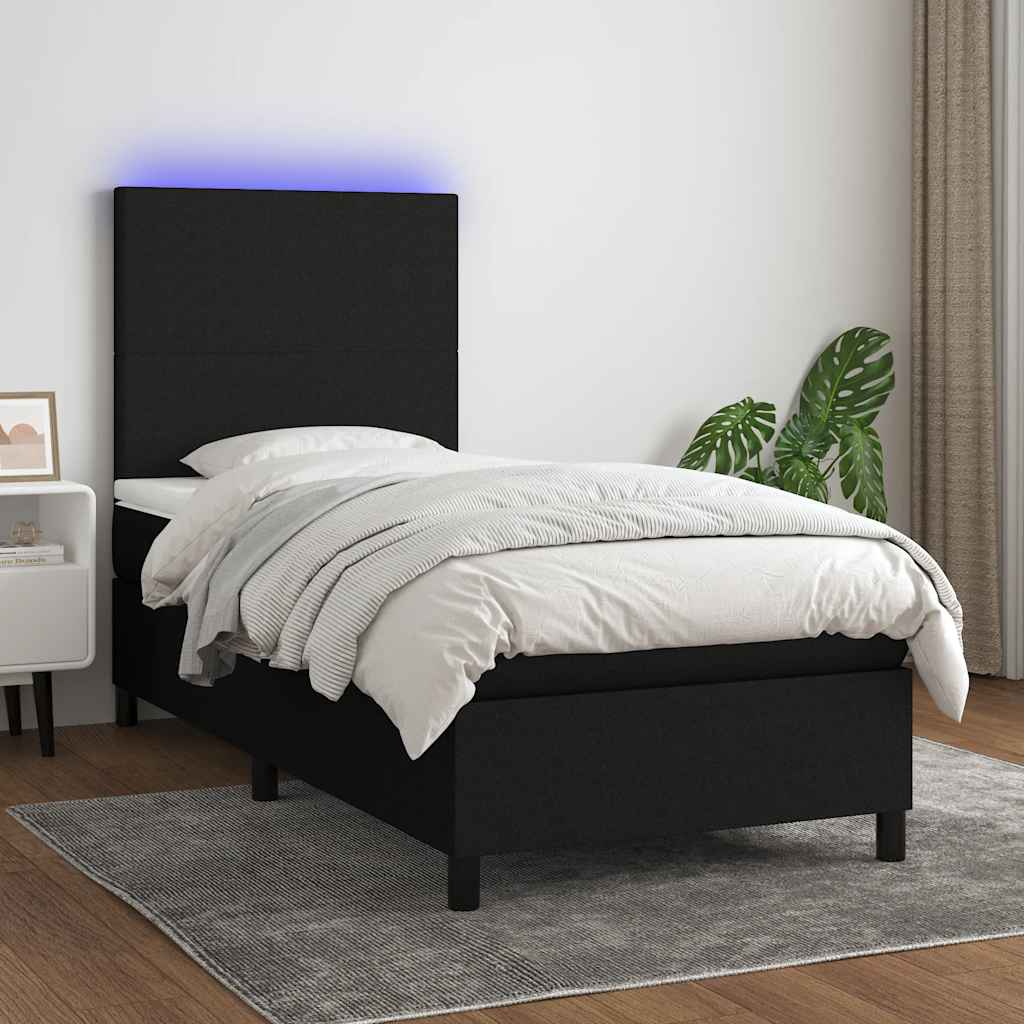 Sommier à lattes de lit et matelas et LED Noir 100x200 cm Tissu - XIOS