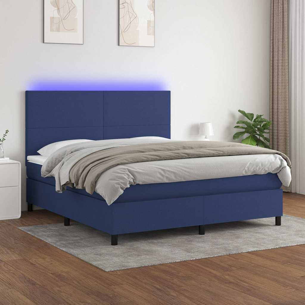 Sommier à lattes de lit et matelas et LED Bleu 160x200 cm Tissu