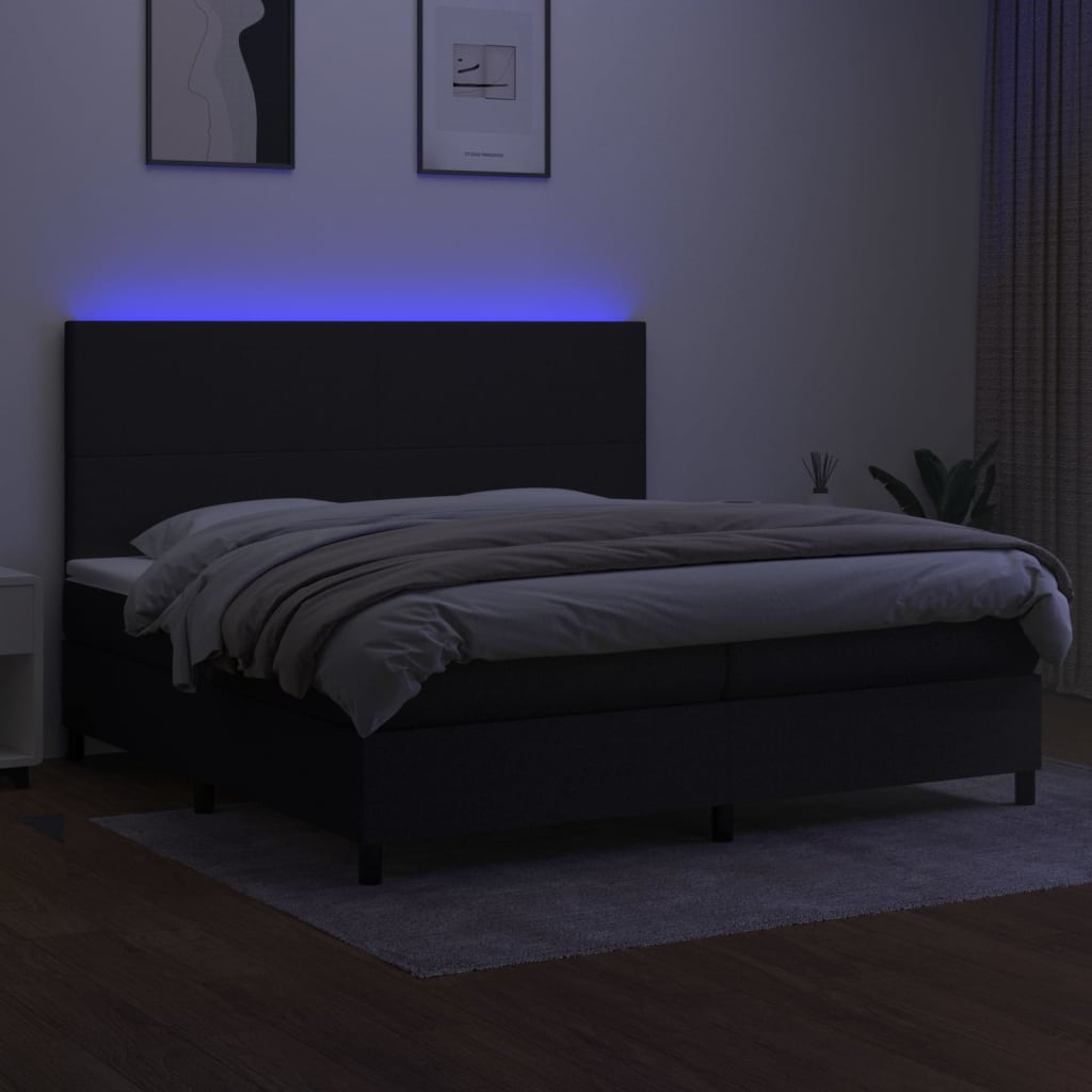Sommier à lattes de lit et matelas et LED Noir 200x200 cm Tissu - XIOS