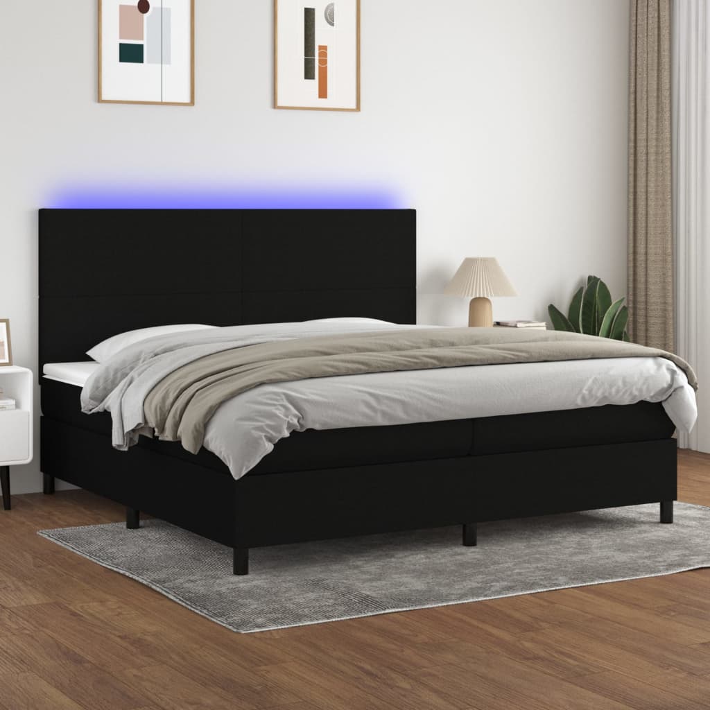 Sommier à lattes de lit et matelas et LED Noir 200x200 cm Tissu - XIOS