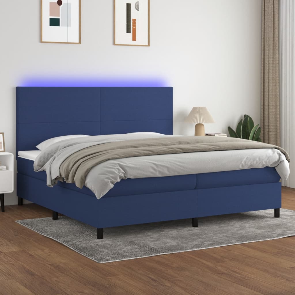 Sommier à lattes de lit et matelas et LED Bleu 200x200 cm Tissu - XIOS