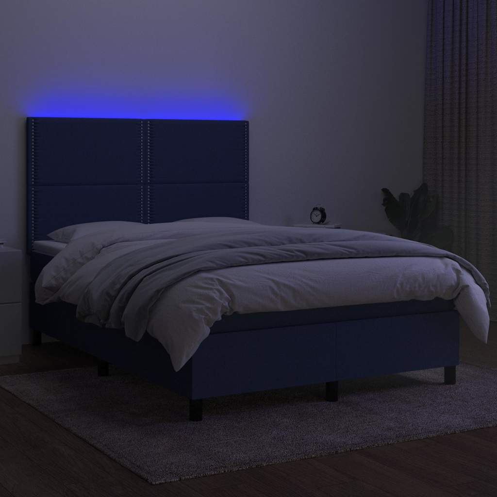 Sommier à lattes de lit et matelas et LED Bleu 140x200 cm Tissu