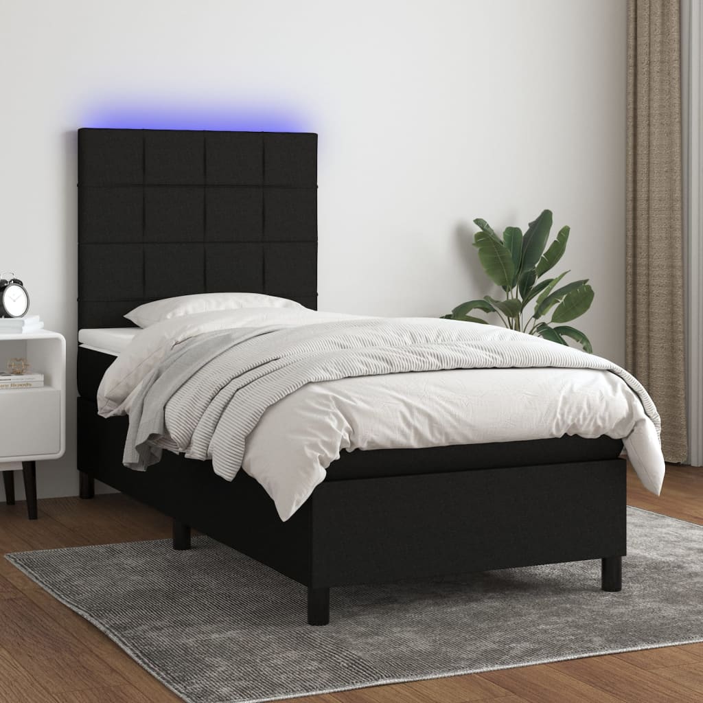 Sommier à lattes de lit et matelas et LED Noir 100x200 cm Tissu - XIOS