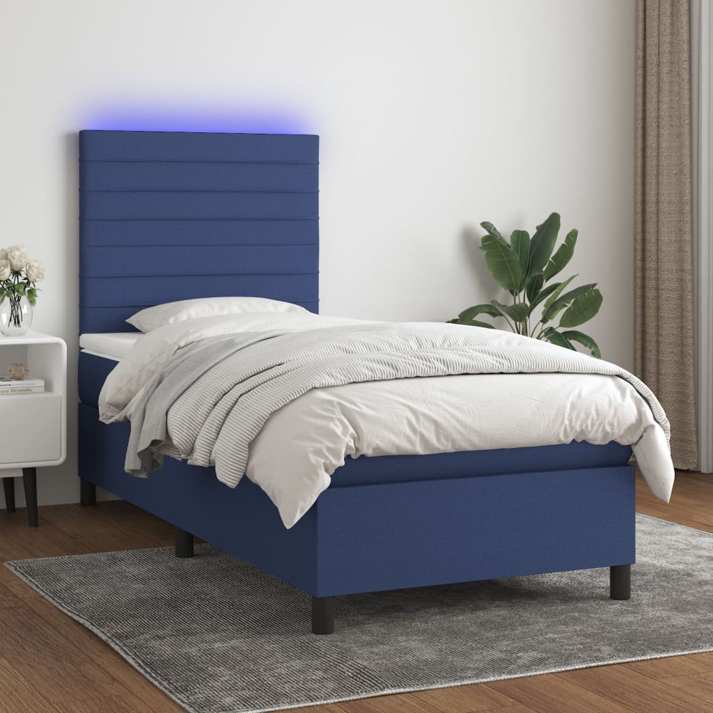 Sommier à lattes de lit avec matelas et LED Bleu 90x190cm Tissu - XIOS