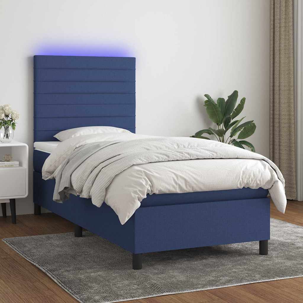 Sommier à lattes de lit avec matelas et LED Bleu 90x190cm Tissu