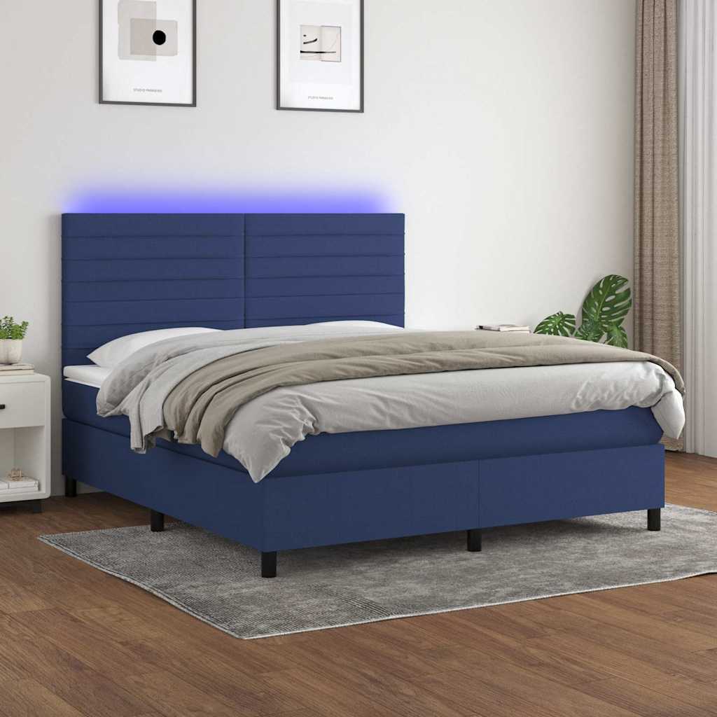 Sommier à lattes de lit et matelas et LED Bleu 160x200 cm Tissu