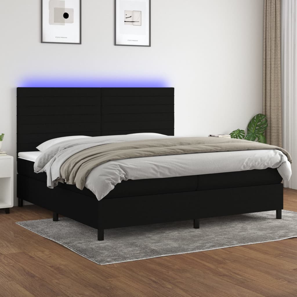 Sommier à lattes de lit et matelas et LED Noir 200x200 cm Tissu - XIOS