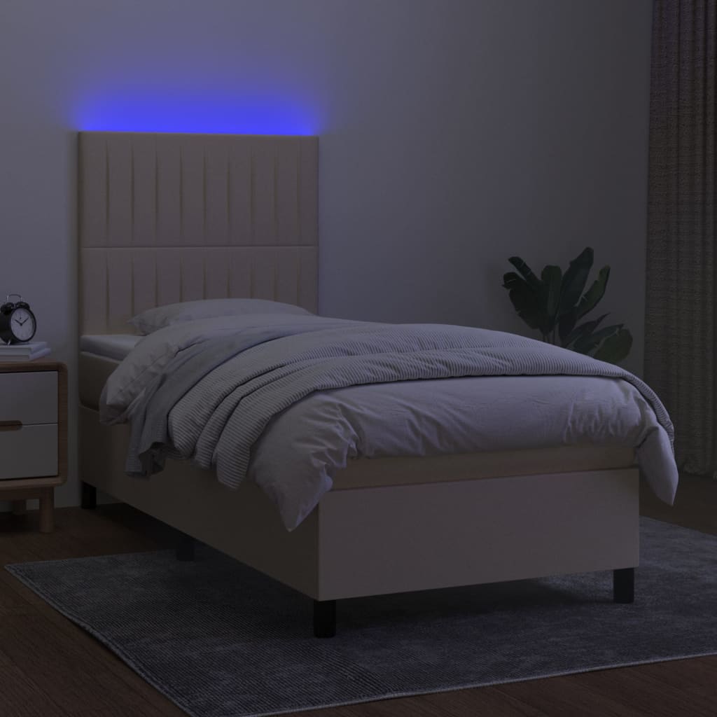 Sommier à lattes de lit et matelas et LED Crème 90x190 cm Tissu