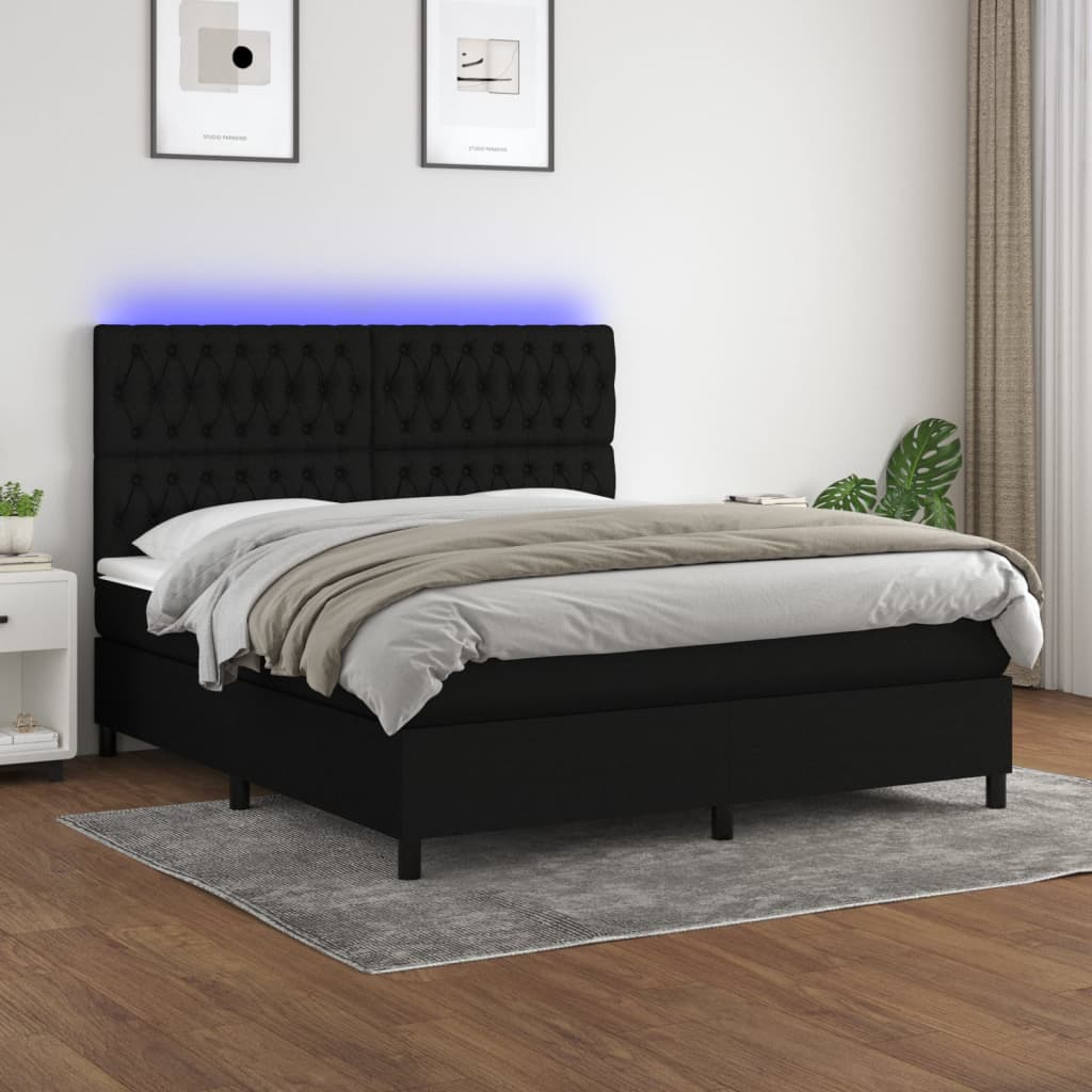 Sommier à lattes de lit et matelas et LED Noir 160x200 cm Tissu - XIOS