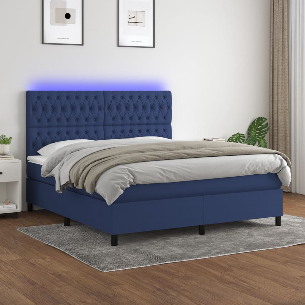 Sommier à lattes de lit et matelas et LED Bleu 160x200 cm Tissu - XIOS