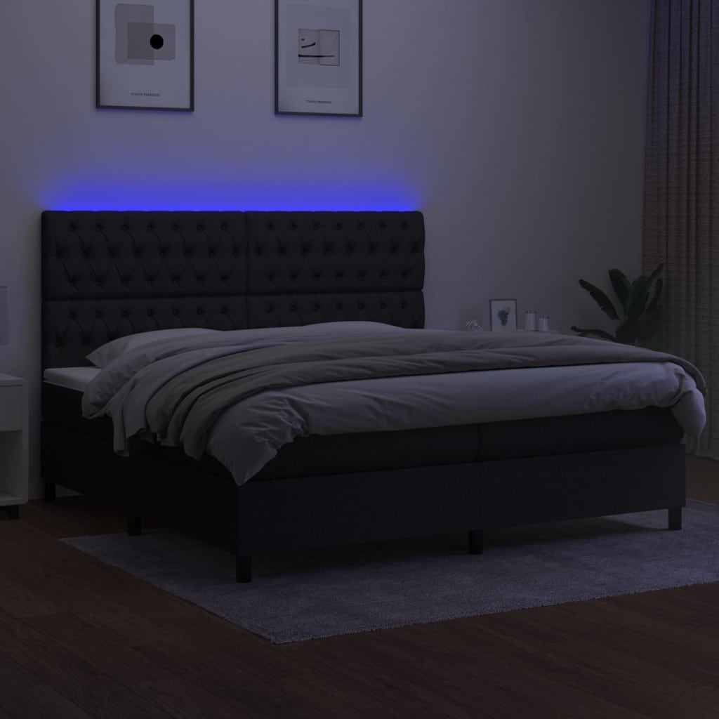 Sommier à lattes de lit et matelas et LED Noir 200x200 cm Tissu - XIOS